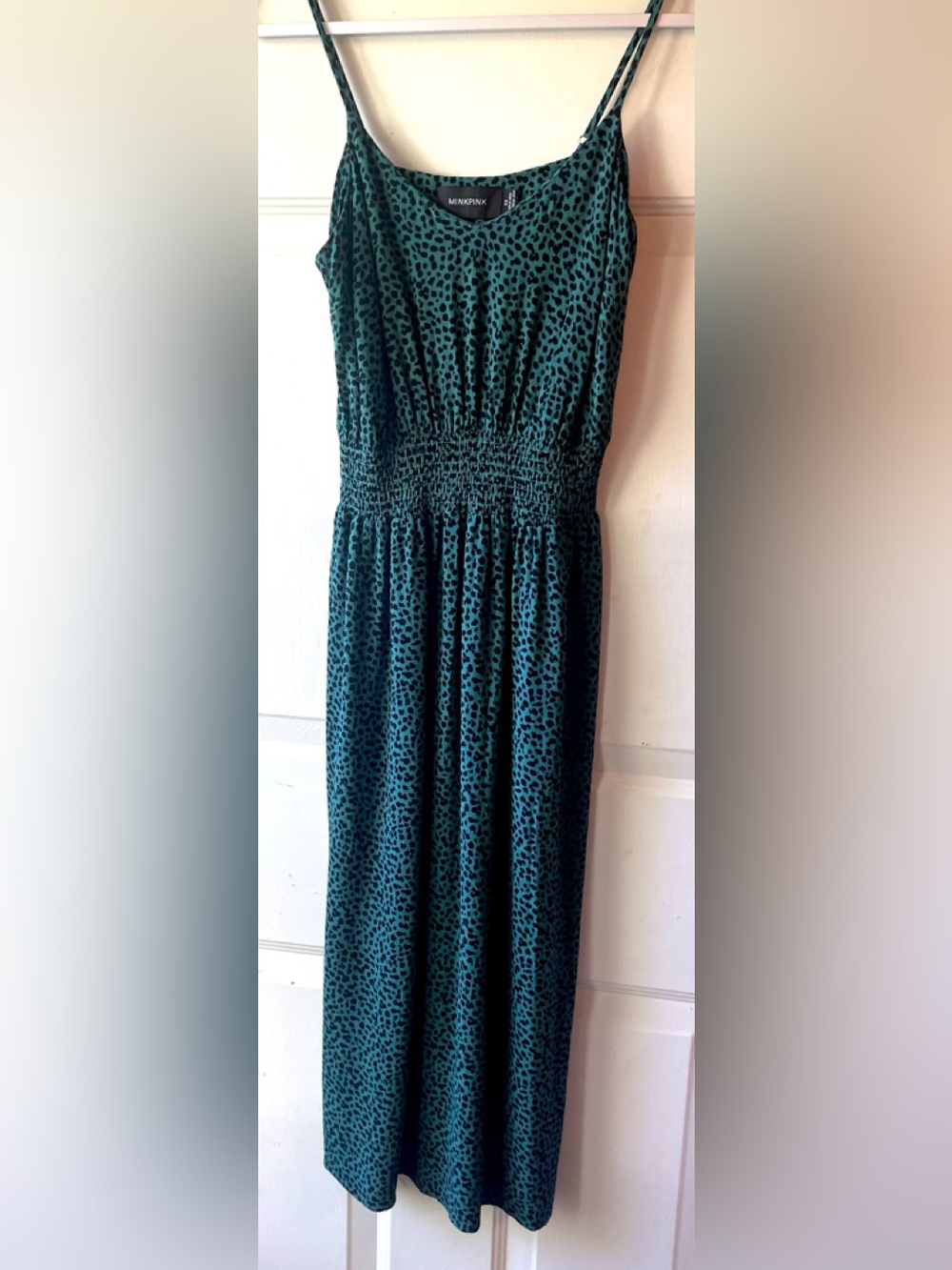 MINKPINK Teal Green Black Cheetah Spots Shirred Waist Spaghetti Strap Dress XS
